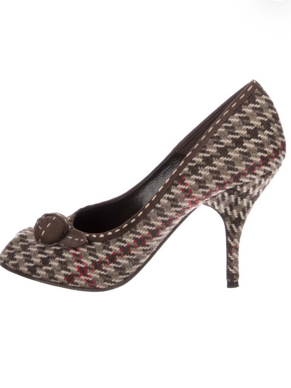Prada Brown and Red Houndstooth Pumps with Leather Trim